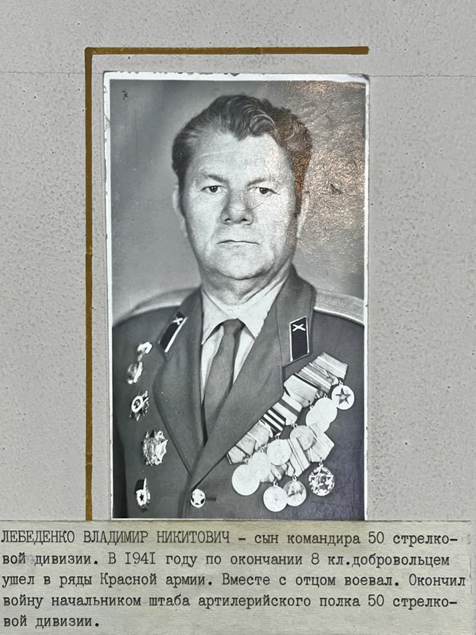 Лебеденко Владимир Никитович - сын командира 50 стрелковой дивизии. В 1941 году по окончании 8 кл. добровольцем ушел в ряды Красной армии. Вместе с отцом воевал. Окончил войну начальником штаба артилерийского полка 50 стрелковой дивизии.